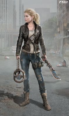 a woman in jeans and boots holding two large metal objects on her shoulder, with buildings in the background