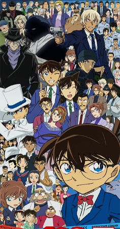 an anime poster with many people in the background and one man wearing a suit on his head