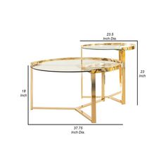 two tables with glass tops and gold trimmings are shown in the measurements for each table