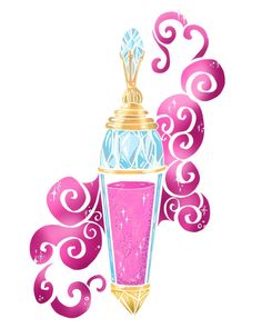 a pink liquid in a glass with a gold top and swirly design around it