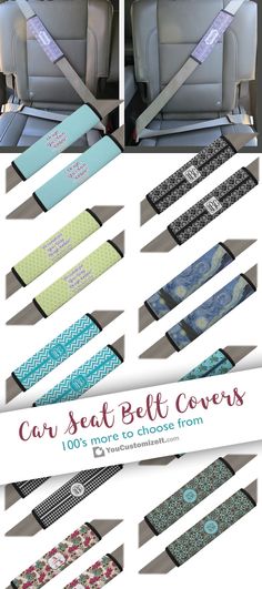 car seat belt covers made from upholstered fabrics and fabric strips are shown in different colors