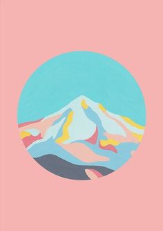 an image of a mountain in the middle of a pink background with blue and yellow colors