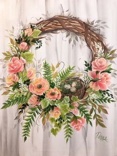 One Stroke - Dewberry U Bird Nest Wreath, Wreath Painting, Bird Nest Painting, Donna Dewberry Painting, Donna Dewberry, Arte Folk, Wreath Project, Painted Wicker, Pretty Wreath