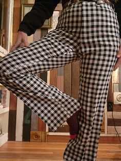 "2  no label never worn gingham flared pants Waist 32\" Hips 42\" Length 46\" Inseam 37.5\" Length 47\" They will need to be hemmed to desired length. They are very long now These are a thin polyester material" Granola Chic, Gingham Pants Outfit, 1970 Outfits, 1960s Pants, Clothes Encounters, Fashion Gal, Gingham Pants, Midsize Fashion, Polyester Pants