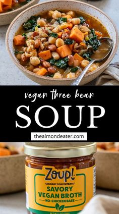 two bowls of soup with the title vegan three bean soup on top and an image of