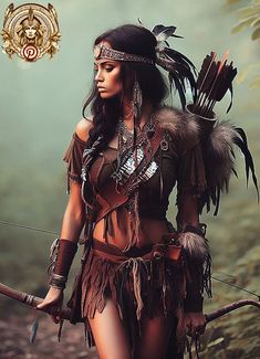 a woman dressed in native american style clothing holding a bow and arrow with feathers on her head