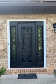 High-end custom wrought iron single door with two sidelights and scrollwork Grand Entrance, House Entrance