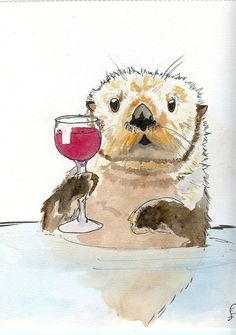 a watercolor painting of an otter holding a glass of wine