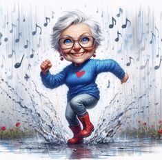 an older woman jumping in the rain with musical notes behind her and water splashing around her