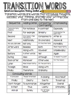 the transition words worksheet for students to use in their writing skills and practice