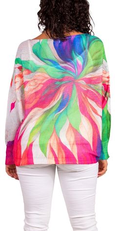 Batwing Long Sleeve Sweater Featuring a Multi-Color Floral Print. 65% Polyester, 35% Viscose One Size Fits Most Made in Italy Model 5'7" Vibrant Green Fall Top, Vibrant Long Sleeve Graphic Print Tops, Vibrant Multicolor Print Long Sleeve Tops, Fun Multicolor Long Sleeve Cardigan, Vibrant Print Multicolor V-neck Top, Playful Multicolor Long Sleeve Cardigan, Batwing Sweater, Scarf Sale, Blouse Pants