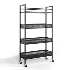 an industrial shelving unit with three shelves and wheels on each side, in black