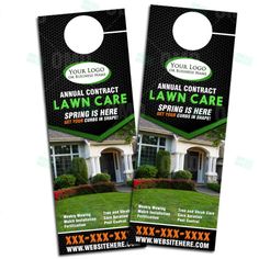 two door hangers advertising lawn care in front of a house with flowers and bushes