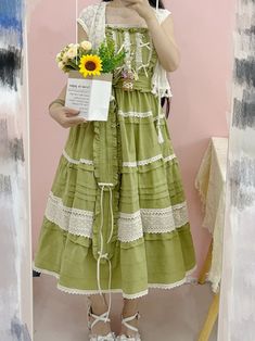 This price includes a dress and a waist belt.  Embrace a whimsical blend of rustic charm and Lolita elegance with this Pure Cotton Cottagecore Lolita Dress JSK. Designed for both comfort and style, this dress features a flowing, full skirt that captures the essence of pastoral beauty. The loose fit and belt ensure a customizable and relaxed wear, making it perfect for casual outings or themed events. Crafted from high-quality pure cotton, this dress promises breathability and softness against yo Vintage Dresses With Belt For Spring, Green Belted Cotton Dress, Green Belted Dress For Garden Party, Yellow Cottagecore, Green Cottagecore, Pink Cottagecore, Soft Girl Clothes, Steampunk Fashion Male, Gothic Skirts