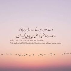 birds flying in the sky at sunset with an islamic quote written in english and arabic