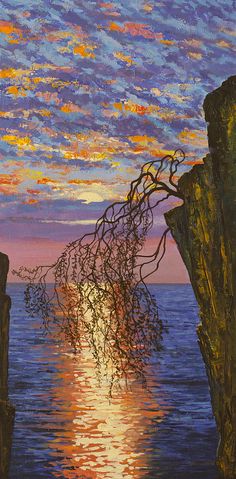 an oil painting of a sunset over the ocean with trees growing out of the rocks