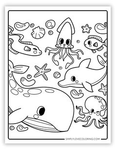 an ocean scene with animals and fish in black and white coloring book page for kids