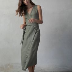 Bought This For A Wedding And It Doesn't Fit Me :( . It's A Gorgeous Piece! Questions? Leave A Comment Below! Elegant Fitted Green Linen Dress, Green Fitted Linen Dress, Elegant Fitted Linen Dress With Tie Waist, Fitted Linen Dress With Tie Waist, Chic Fitted Linen Wrap Dress, Linen Wrap Dress, Nice Clothes, Linen Color, Khaki Dress