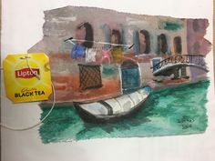 a drawing of a boat with people on it and a tea bag next to it