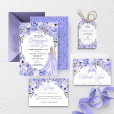 purple and white wedding stationery set with ribbon, tags, and matching envelopes