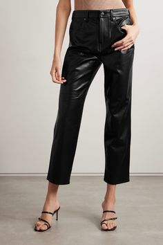 VERONICA BEARD Joey cropped vegan leather straight-leg pants | NET-A-PORTER Sleek Tapered Leather Pants For Work, Sleek Tapered Leg Leather Pants For Work, Trendy Tapered Leg Leather Pants For Work, Straight Leg Leather Pants For Night Out, Straight Leather Pants For Office, Faux Leather Tapered Leg Work Pants, Sleek Fall Pants With Straight Hem, Sleek Straight Leg Leather Pants For Work, Sleek Straight Leg Leather Work Pants