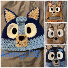 crocheted animal hats with eyes and ears are shown in four different colors, including blue