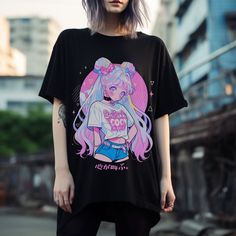 "Introducing our 90's Anime Pastel Gothic Girl T-Shirt, a captivating blend of Y2K nostalgia and pastel gothic aesthetics. This oversized tee, available in plus sizes, is perfect for those who adore Japanese streetwear. Featuring a whimsical scene of a girl holding a frog, gazing at the sky with Japanese text that reads \"the heart screams,\" it's an artful expression of emotion. Whether it's a personal addition to your wardrobe or a unique gift, this shirt encapsulates the charm of pastel gothic style and heartfelt sentiment. 💖Order 1 to 2 sizes up if you want a more oversized look. 💖Please note that the pictures provided are for design showcase purposes only, as each individual's unique charm brings a distinct look to the product. 💖Kindly be aware that this product is non-returnable, Pastel Goth Anime, Anime Pastel, Goth Anime, Streetwear Japanese, Y2k Nostalgia, Japanese Text, Gothic Girl, Fun Outfits, Streetwear Grunge