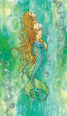 a painting of a mermaid with her hair blowing in the wind, on a green background