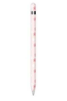 a pink pen with white flowers on it and a black stripe in the bottom corner