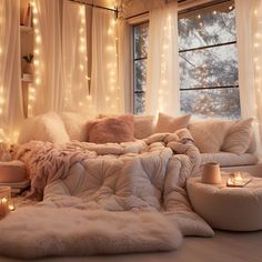 a cozy bedroom with lights on the windowsill and fur rugs in front of the window