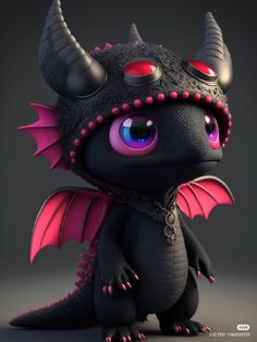 a black and pink dragon with horns on it's head is posed in front of a dark background