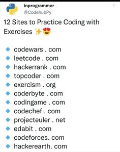 an image of a text message that reads, 12 sites to practice coding with exercises