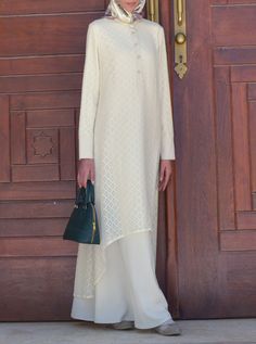 Hi-Lo Lace Layered Abaya Gown Layered Abaya, Abaya Gown, Hijabi Styles, Dress Outer, Hijabi Style, Lace Layers, Islamic Clothing, Mother Of Pearl Buttons, Pearl Buttons