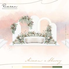 an artistic rendering of a bench with flowers and greenery on the top, in pastel tones