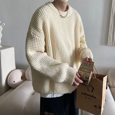 Easy Crochet Men's Sweater Tutorial | Step-by-Step Guide Men Crewneck, Harajuku Men, Printed Hoodies Sweatshirts, Waffle Sweater, Mens Fashion Jeans, Round Neck Sweater, Waffle Knit Sweater, Sweater Oversized