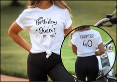 two women wearing matching shirts with the words, birthday queen and number forty on them