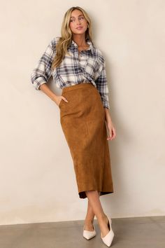 I'm Telling You Caramel Brown Faux Suede Midi Skirt Corduroy Midi Skirt Outfit, Corduroy Midi Skirt, Suede Midi Skirt, Shirt Dress Fall, Electric Love, Brown Suede Skirt, Dark Orchid, Total Girl, Love Dark