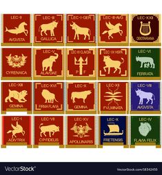 stamps with different animals and symbols on them