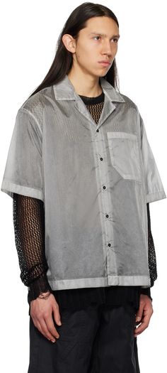 Semi-sheer nylon organza shirt. · Open spread collar · Button closure · Patch pocket · Tennis-tail hem · Logo printed at back Supplier color: Grey Organza Shirt, Grey Prints, Patch Pocket, Printed Shirts, Tennis, Women Wear, Collar, Grey, Color