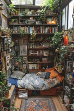 a bedroom with lots of plants and bookshelves in the corner, along with a bed