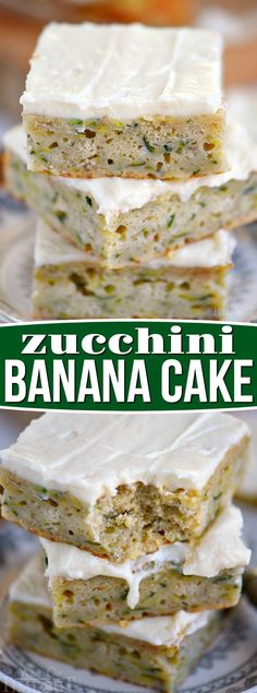 three pieces of banana cake stacked on top of each other with the words zucchini banana cake