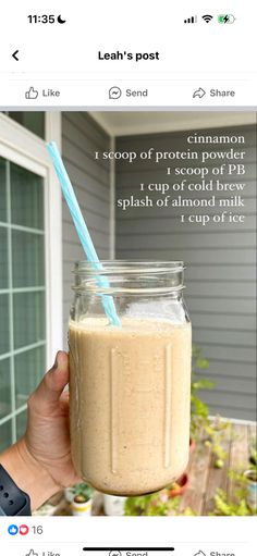 someone is holding up a jar of smoothie with a straw in it and the caption reads, i scoop of protein powder