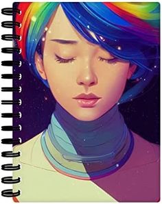 a spiral notebook with an illustration of a woman's face and rainbow hair on it