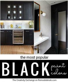 the most popular paint colors for kitchen cabinets in black and white, with text overlay