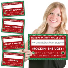 a woman holding up four holiday fashion police tickets