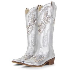 PRICES MAY VARY. 【Classic Style】These Cowboy Boots For Women feature classic embroidery and sparkling rhinestones, along with an almond-shaped toe, giving them a timeless and elegant look. 【All-Day Comfort】The soft synthetic lining wicks away moisture, providing a comfortable and cushioned feel all day long. The flexible rubber outsole of the white cowboy boots women allows for comfortable movement. 【Convenient Design】With a heel height of 1.97 inches, these tall cowgirl boots offer a convenient Silver Boots With Rhinestone Rivets And Round Toe, Silver Round Toe Boots With Rhinestone Rivets, Cowgirl Boots For Women, Embroidered Cowgirl Boots, Tall Cowgirl Boots, Classic Embroidery, White Cowboy Boots, Rhinestone Fashion, Almond Shaped