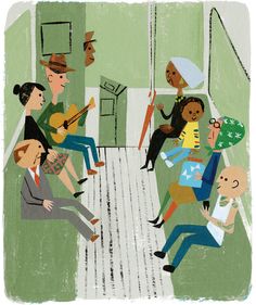 an illustration of people playing instruments and singing in a room with other people sitting on the floor