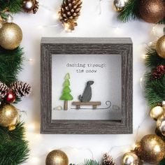 Dashing Through Snow - Sharon Nowlan Shadow Box - 4 x 4 in - Mellow Monkey Sharon Nowlan, Sea Glass Art Diy, Stones Art, Dashing Through The Snow, Holiday Toys, Sea Glass Beach, Sea Glass Crafts, Mirrored Furniture, Beach Stones