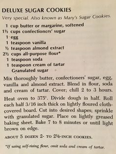 an old recipe book with instructions on how to make sugar cookies