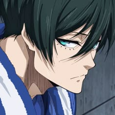 an anime character with green hair and blue eyes looking at something in the distance behind him